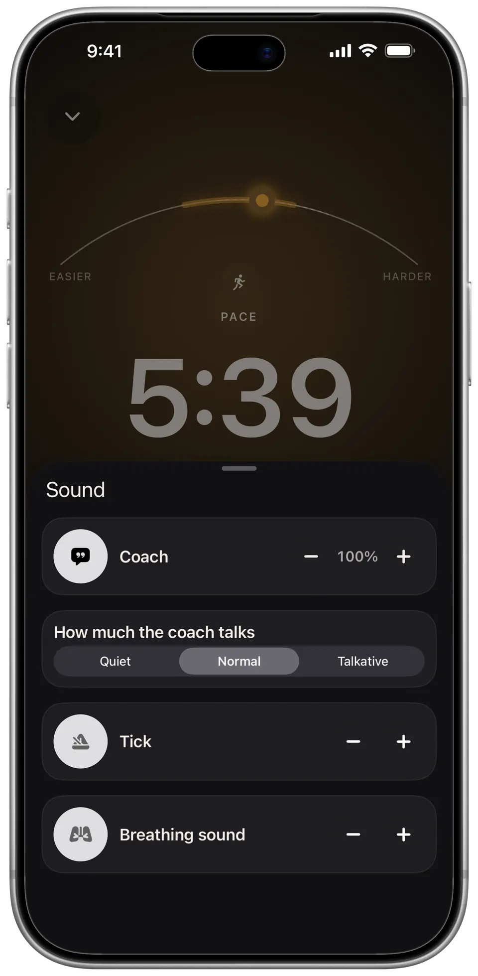 The Sound sheet during a Gears run: coach volume, how much the coach talks, the tick and the breathing sound