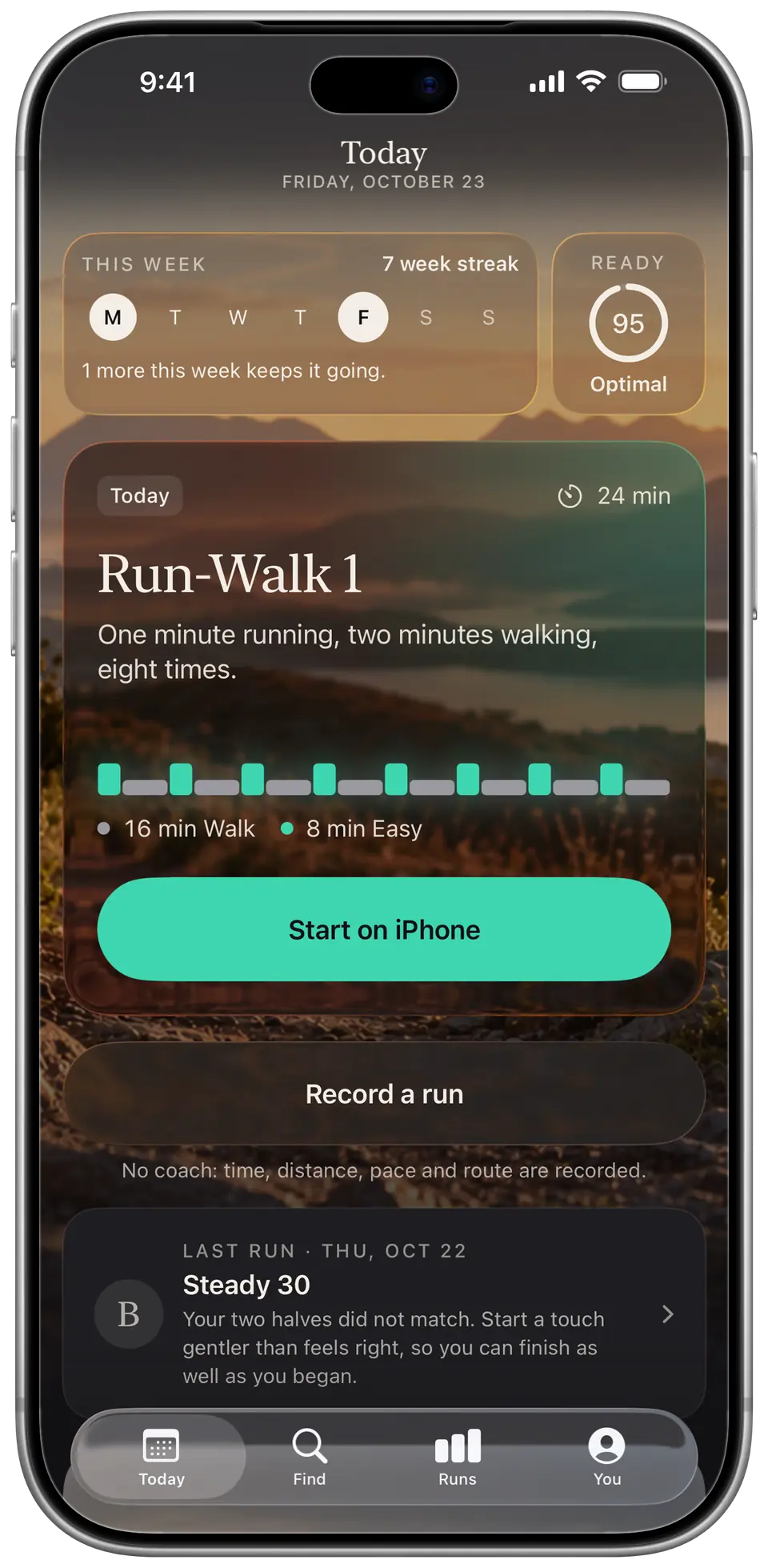 The Today tab in Gears with readiness at 95 and today's run card ready to start