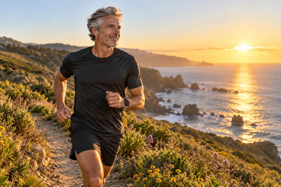 A gray-haired runner in his late fifties on a coastal cliff path at sunrise
