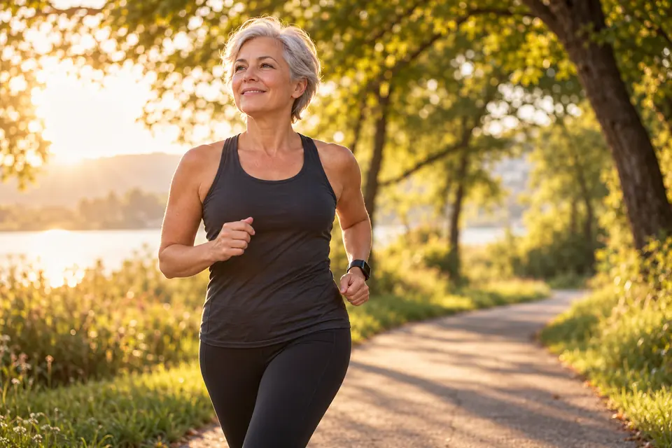 A silver-haired woman breaking from a walk into a gentle jog on a park path at sunrise