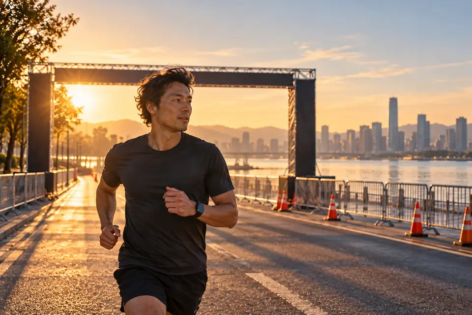 A runner warming up by a race start on a city waterfront at sunrise, before the crowds