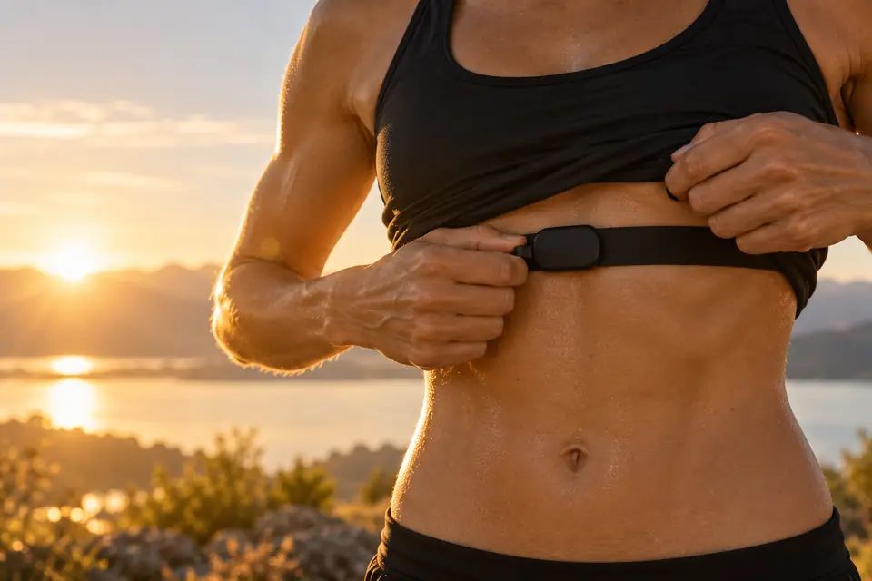 A runner fastening a heart-rate chest strap under her chest before a run at sunrise