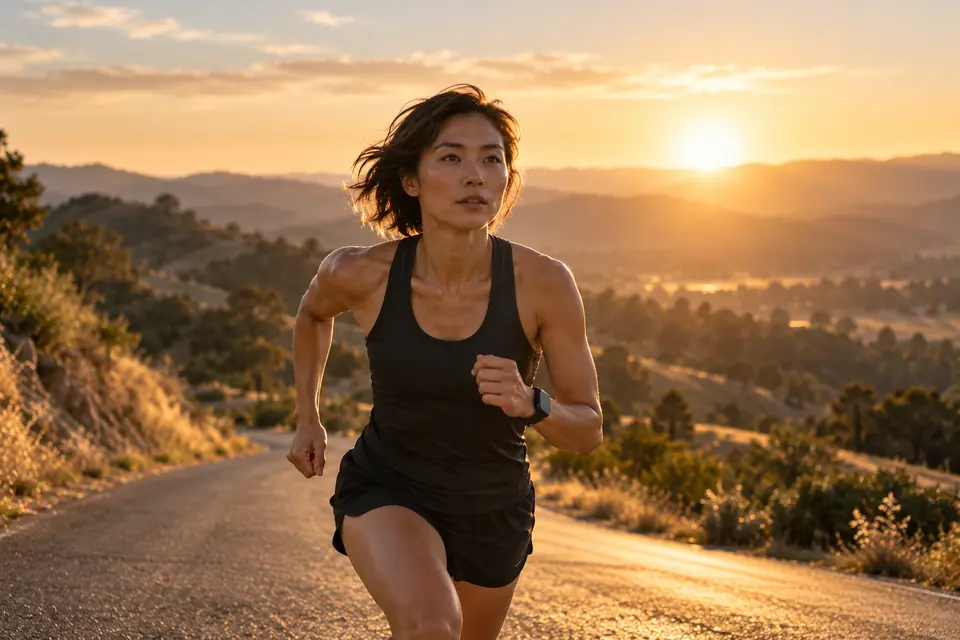 A woman running up a steep country road at golden hour, rolling hills behind her