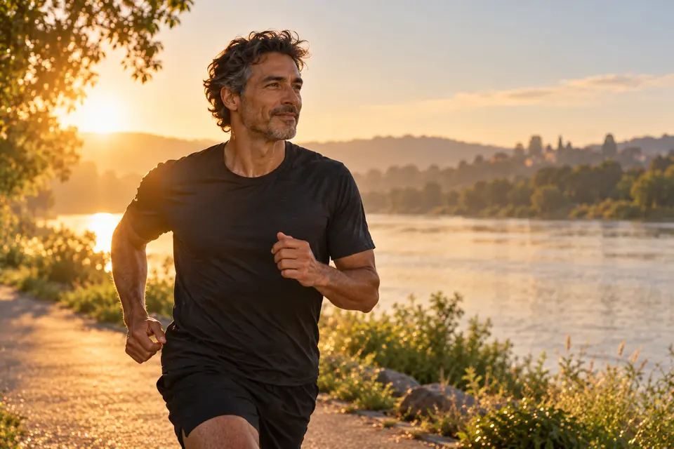 A bearded runner on a riverside path on a warm, hazy morning