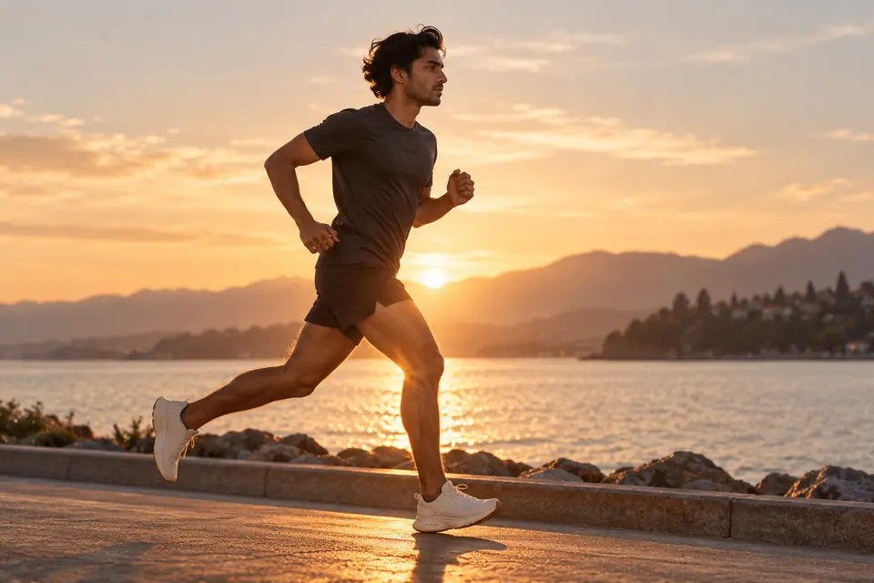 A runner mid-stride on a waterfront promenade at sunset, foot landing under the hips