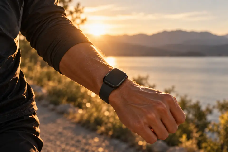 A runner's wrist mid-stride with a plain smartwatch, a lake at sunset behind