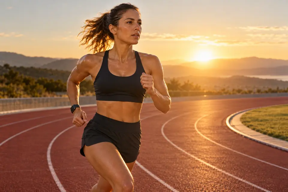 A woman running hard on an empty athletics track at golden hour