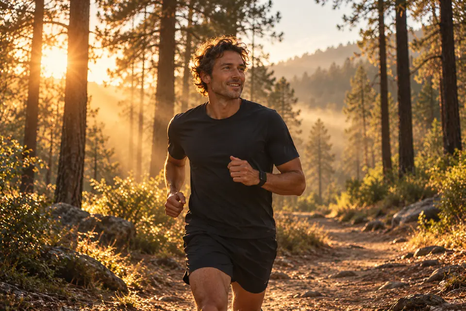 A man jogging easily along a pine forest trail as morning sun streams through the trees